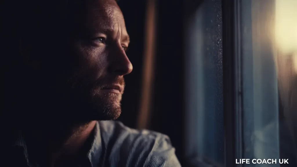 A man reflecting and looking out of the window after anger coaching.