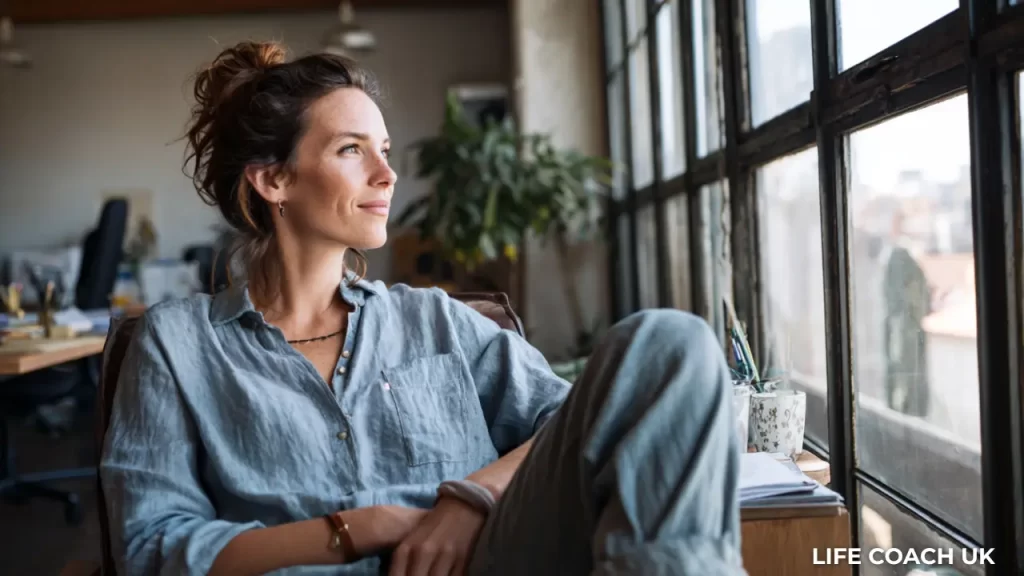 A woman reflecting after a clarity coaching session.